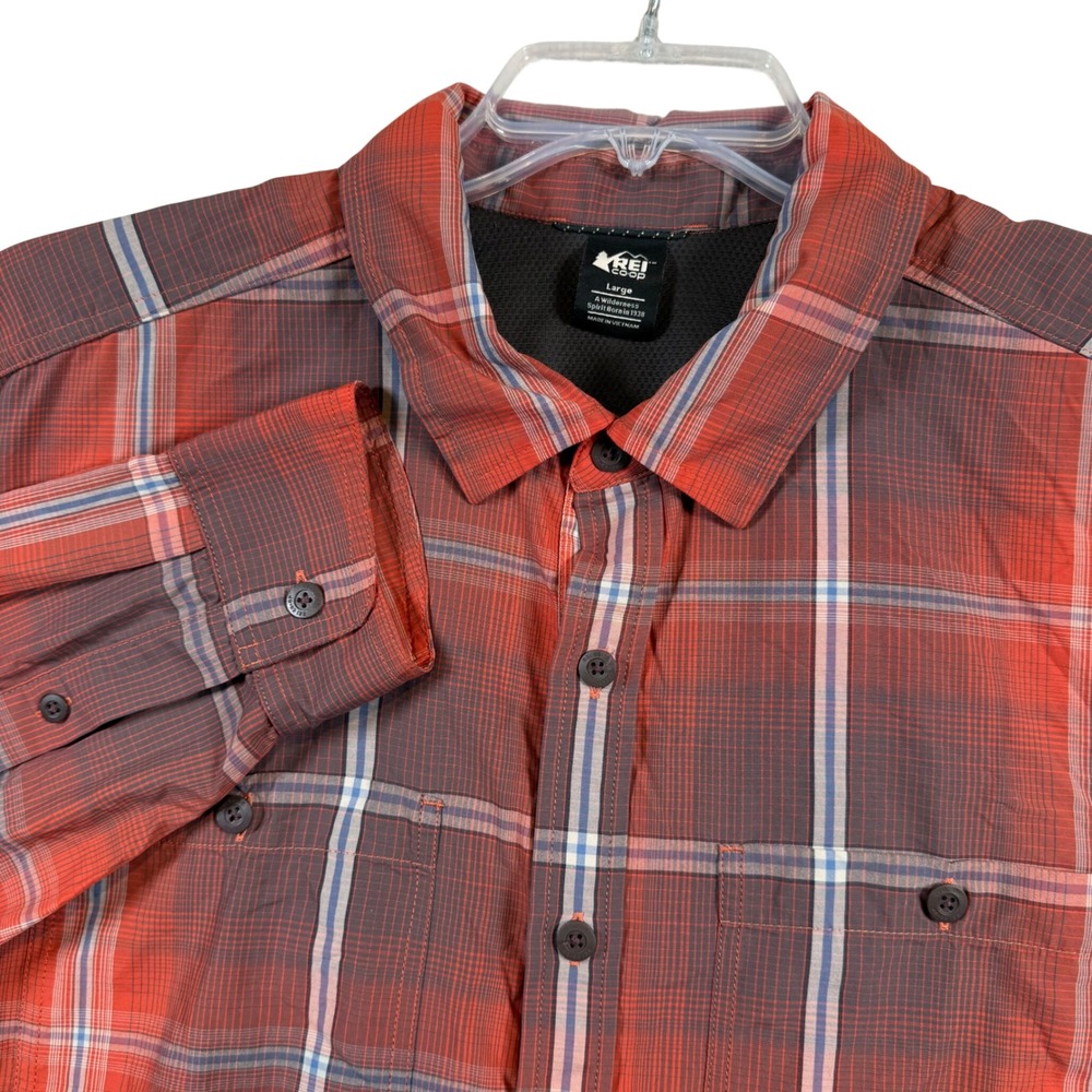 REI Co-op Hiking Shirt Mens Large‎ Red Plaid Nylon Ripstop Roll Tab Ventilated
